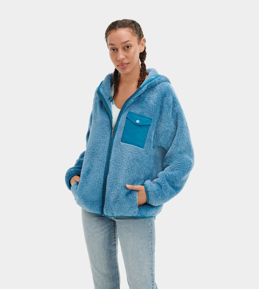 Ugg Hoodie Womens - Ugg Kadence Sherpa Blue - 086LFNAMB